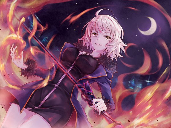 Anime picture 1600x1200 with fate (series) fate/grand order jeanne d'arc (fate) (all) jeanne d'arc alter (fate) shadowsoforacle single looking at viewer short hair blonde hair smile yellow eyes ahoge from below fur trim wicked dragon witch ver. shinjuku 1999 girl weapon sword fur fire