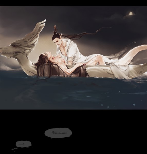 Anime picture 1620x1699 with mang (artist) long hair tall image black hair brown hair lips pointy ears multiple boys hieroglyph topless bandage over eyes boy water blood 2 boys watercraft boat
