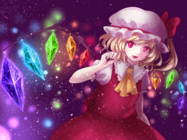 Anime picture 1400x1050 with touhou flandre scarlet luvsia (artist) single short hair blonde hair red eyes teeth fang (fangs) one side up girl dress wings bonnet