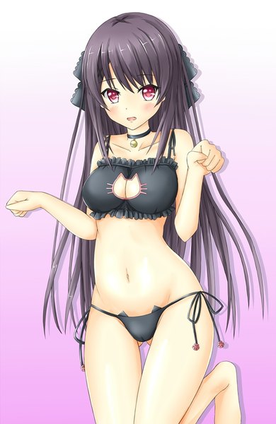 Anime picture 585x900 with ao no kanata no four rhythm sprite (company) tobisawa misaki tear yu single long hair tall image blush fringe breasts light erotic black hair simple background pink eyes underwear only gradient background ass visible through thighs bell collar paw pose girl