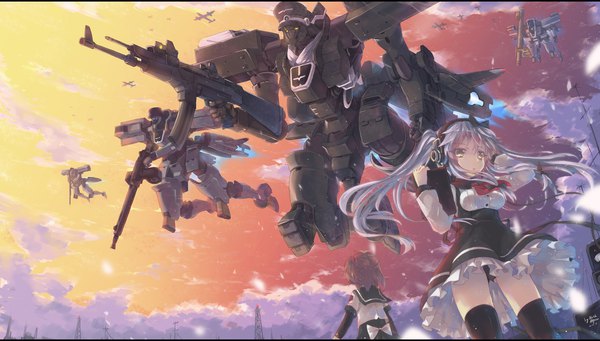 Anime picture 1920x1090 with original north abyssor long hair highres short hair light erotic brown hair wide image twintails multiple girls holding signed yellow eyes sky cloud (clouds) long sleeves parted lips grey hair dated letterboxed