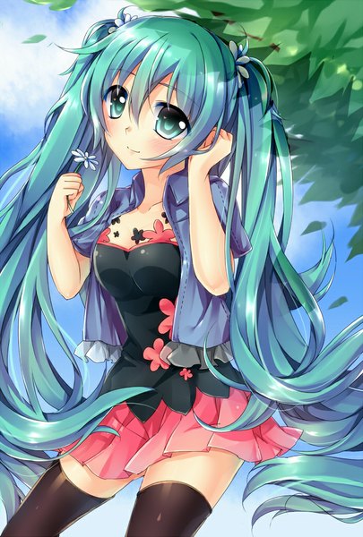Anime picture 700x1036 with vocaloid hatsune miku natsume kei single tall image blush smile twintails very long hair aqua eyes aqua hair girl thighhighs dress flower (flowers) black thighhighs leaf (leaves)