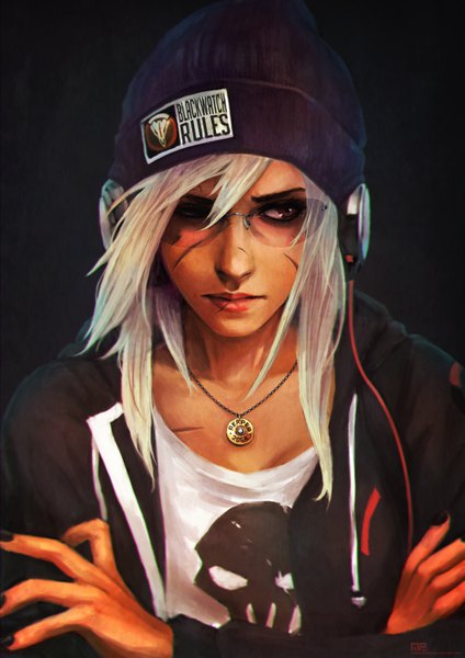 Anime picture 2480x3508 with overwatch blizzard entertainment reaper (overwatch) monori rogue single long hair tall image fringe highres hair between eyes brown eyes signed payot looking away upper body white hair nail polish fingernails lips realistic