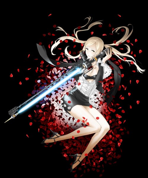 Anime picture 1385x1663 with no more heroes sylvia christel kozaki yusuke long hair tall image blonde hair twintails black eyes open clothes high heels open shirt glowing black background girl weapon miniskirt petals sword shoes