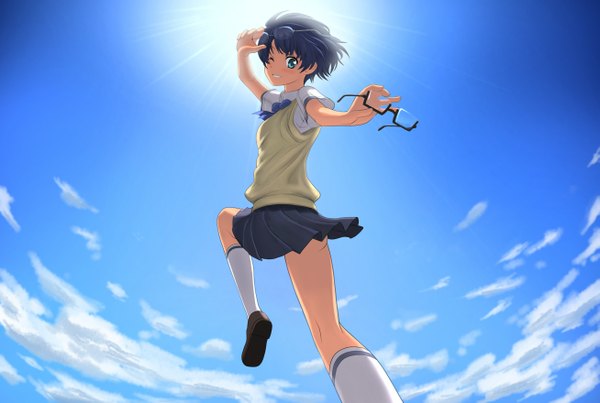 Anime picture 1307x880 with ano natsu de matteru j.c. staff tanigawa kanna misoinu short hair blue eyes blue hair cloud (clouds) one eye closed wink girl skirt uniform school uniform miniskirt shirt socks glasses white socks