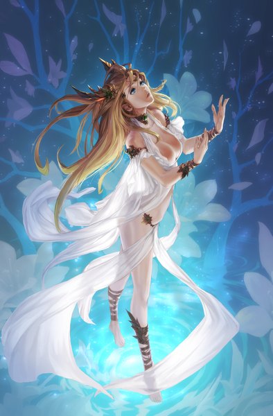 Anime picture 1500x2280 with loped (pixiv) single long hair tall image breasts blue eyes light erotic blonde hair large breasts cleavage barefoot from above lips looking up fantasy girl dress hair ornament jewelry necklace
