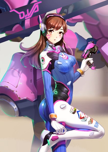 Anime picture 2480x3507 with overwatch blizzard entertainment d.va (overwatch) meka (overwatch) maorzshu single long hair tall image looking at viewer fringe highres breasts open mouth simple background brown hair standing white background holding brown eyes bent knee (knees)
