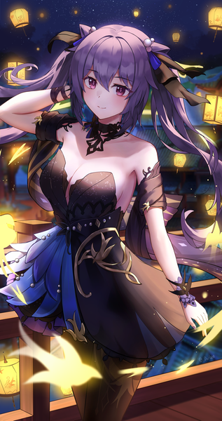 Anime picture 2222x4205 with genshin impact keqing (genshin impact) keqing (opulent splendor) (genshin impact) doham single long hair tall image looking at viewer blush fringe highres breasts smile hair between eyes standing twintails bare shoulders payot cleavage purple hair