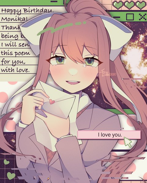 Anime picture 960x1200 with doki doki literature club monika (doki doki literature club) senn10000 single long hair tall image looking at viewer blush fringe open mouth smile hair between eyes brown hair holding green eyes signed payot upper body ponytail long sleeves