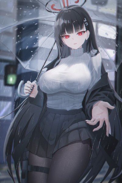 Anime picture 4000x6000 with blue archive rio (blue archive) rega single long hair tall image looking at viewer fringe highres breasts open mouth light erotic black hair red eyes large breasts holding absurdres outdoors blunt bangs pleated skirt