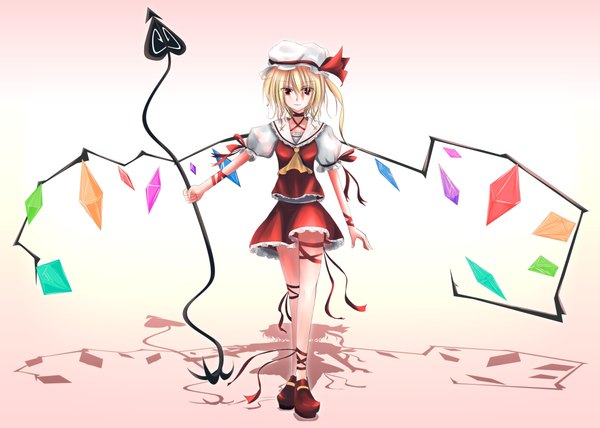 Anime picture 4142x2961 with touhou flandre scarlet jennifer yamada highres short hair blonde hair red eyes white background absurdres shadow one side up girl skirt ribbon (ribbons) weapon wings headdress skirt set staff crystal