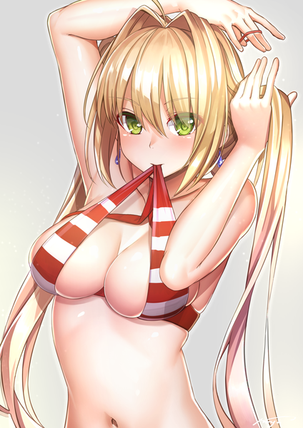 Anime picture 1191x1684 with fate (series) fate/grand order nero claudius (fate) (all) nero claudius (swimsuit caster) (fate) shuutou haruka single long hair tall image looking at viewer blush fringe breasts light erotic simple background blonde hair hair between eyes large breasts twintails holding green eyes