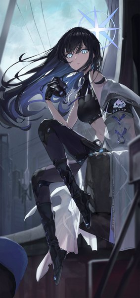 Anime picture 1525x3235 with blue archive saori (blue archive) serie niai single long hair tall image looking at viewer fringe breasts blue eyes black hair hair between eyes sitting full body outdoors multicolored hair wind blurry off shoulder night