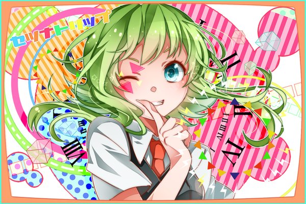 Anime picture 1500x1000 with vocaloid setsuna trip (vocaloid) gumi nou single looking at viewer short hair smile one eye closed aqua eyes green hair wink finger to mouth framed girl
