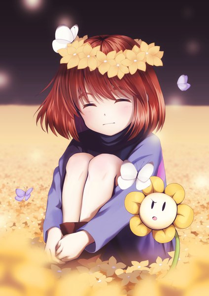 Anime picture 1191x1684 with undertale frisk (undertale) flowey (undertale) fj (artist) single tall image looking at viewer blush fringe short hair brown hair sitting full body bent knee (knees) eyes closed leg hug androgynous flower (flowers) insect butterfly