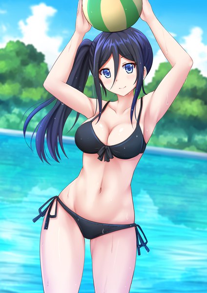 Anime picture 1200x1697 with hibike! euphonium kyoto animation tanaka asuka kazenokaze single long hair tall image looking at viewer breasts blue eyes light erotic black hair cleavage side ponytail girl navel swimsuit bikini black bikini