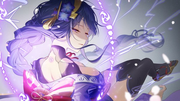 Anime picture 2000x1125 with genshin impact raiden shogun dega1028 single long hair highres breasts light erotic wide image large breasts purple eyes cleavage purple hair braid (braids) from behind mole mole under eye single braid shaded face electricity
