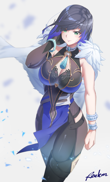 Anime picture 1663x2750 with genshin impact yelan (genshin impact) reulem single tall image short hair breasts light erotic black hair smile large breasts green eyes signed looking away cleavage multicolored hair wind mole colored inner hair mole on breast