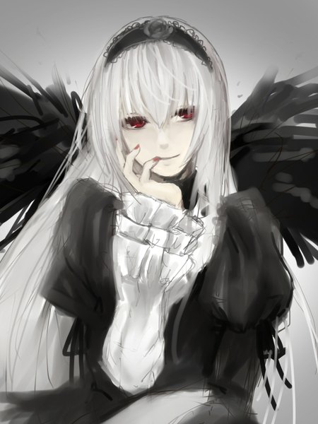 Anime picture 1200x1600 with rozen maiden suigintou chio (artist) single long hair tall image red eyes looking away white hair nail polish girl dress wings hairband