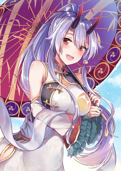 Anime picture 850x1200 with fate (series) fate/grand order tomoe gozen (fate) konka single long hair tall image looking at viewer blush fringe breasts open mouth smile hair between eyes red eyes large breasts standing bare shoulders holding sky