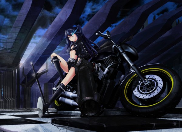 Anime picture 2000x1449 with black rock shooter black rock shooter (character) ushas highres blue eyes black hair midriff glowing glowing eye (eyes) arm cannon girl navel boots knee boots coat bikini top motorcycle