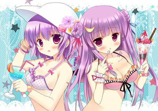 Anime picture 1180x826 with touhou remilia scarlet patchouli knowledge azumi kazuki long hair blush short hair light erotic red eyes multiple girls purple hair girl flower (flowers) ribbon (ribbons) 2 girls swimsuit hair ribbon hat bikini food