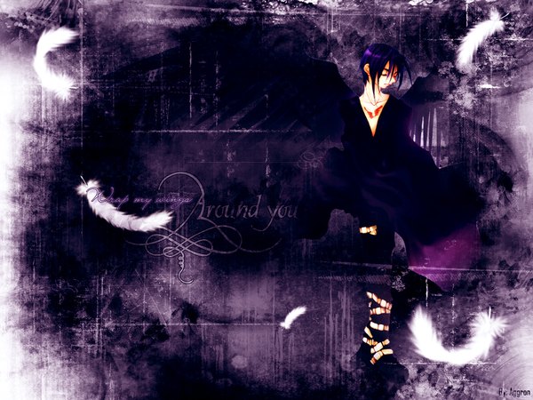 Anime picture 1024x768 with d.n.angel xebec dark mousy sugisaki yukiru single short hair standing signed purple hair full body eyes closed third-party edit boy wings feather (feathers)