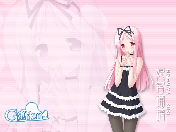 Anime picture 1280x960 with garden (galge) cuffs (studio) himemiya ruri gayarou single long hair looking at viewer blush red eyes pink hair copyright name character names zoom layer interlocked fingers girl dress pantyhose choker black pantyhose