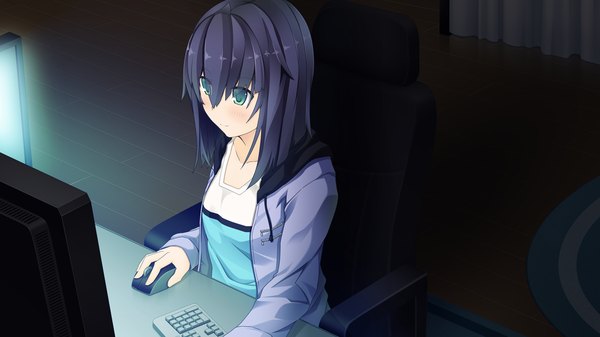 Anime picture 1280x720 with natsuiro asagao residence single short hair black hair wide image sitting green eyes game cg girl computer keyboard computer mouse