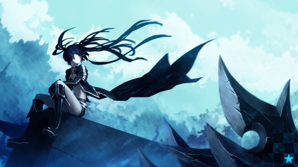 Anime picture 3200x1800 with black rock shooter black rock shooter (character) lain (rinlain) single long hair highres blue eyes black hair wide image sitting twintails sky cloud (clouds) glowing glowing eye (eyes) girl shorts thigh boots cloak bikini top