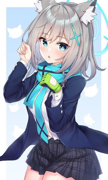 Anime picture 2160x3583 with blue archive shiroko (blue archive) pizza (pizzania company) single tall image looking at viewer blush highres short hair blue eyes animal ears grey hair border blue background outside border paw pose girl gloves uniform school uniform