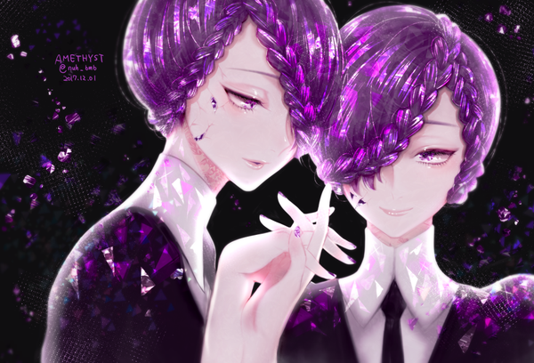 Anime picture 1000x680 with houseki no kuni amethyst (houseki no kuni) morino bambi fringe short hair smile purple eyes signed purple hair braid (braids) nail polish hair over one eye character names twitter username holding hands dated black background twins androgynous necktie