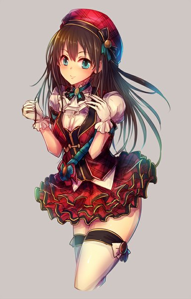 Anime picture 600x937 with idolmaster idolmaster cinderella girls shibuya rin kara (color) single long hair tall image looking at viewer blush fringe simple background brown hair aqua eyes light smile grey background frilly skirt pure valentine girl thighhighs gloves