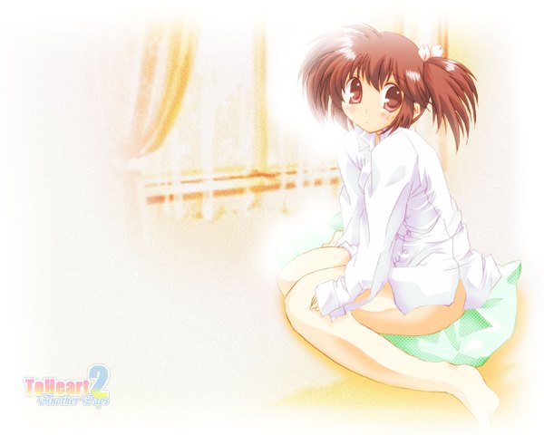 Anime picture 1280x1024 with to heart 2 leaf (studio) yuzuhara konomi tamaki (diarie inaiinaibaa) single looking at viewer short hair light erotic brown hair sitting twintails brown eyes indoors long sleeves wallpaper wariza short twintails girl shirt white shirt