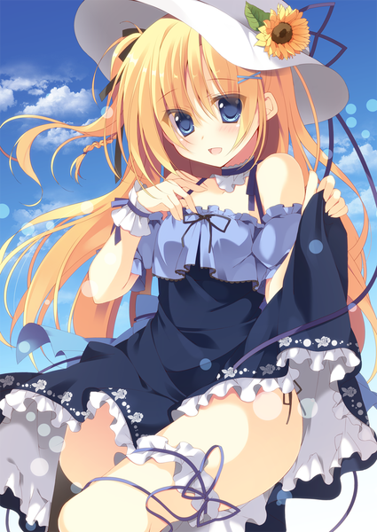Anime picture 1000x1412 with original kisaragi kiriha single long hair tall image looking at viewer blush open mouth blue eyes light erotic blonde hair smile bare shoulders sky cloud (clouds) one side up girl dress hair ornament flower (flowers)