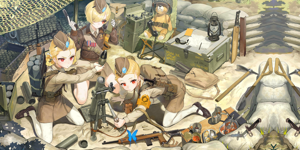 Anime picture 2048x1024 with girls frontline m2 mortar (girls frontline) ladic fringe highres blonde hair red eyes wide image multiple girls holding looking away full body ahoge outdoors braid (braids) head tilt from above hair over one eye official art twin braids