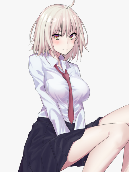 Anime picture 720x960 with fate (series) fate/grand order jeanne d'arc (fate) (all) jeanne d'arc alter (fate) elfenlied22 single tall image looking at viewer blush fringe short hair breasts simple background blonde hair smile hair between eyes large breasts white background sitting purple eyes