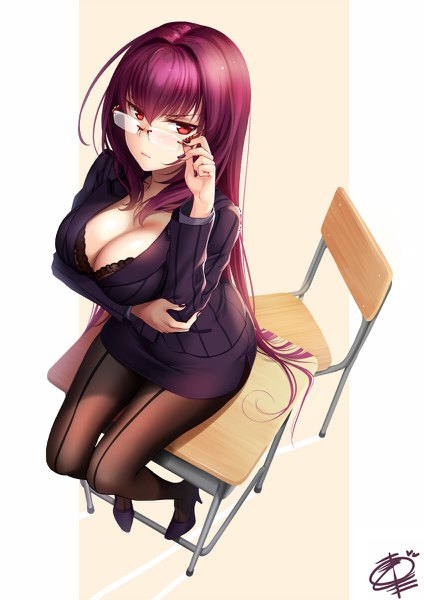 Anime picture 848x1200 with fate (series) fate/grand order scathach (fate) (all) scathach (fate) okitakung single long hair tall image looking at viewer blush fringe breasts light erotic simple background hair between eyes red eyes large breasts sitting signed cleavage