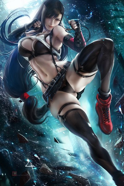 Anime picture 2333x3500 with final fantasy final fantasy vii square enix tifa lockhart sakimichan single long hair tall image looking at viewer fringe highres breasts light erotic black hair smile hair between eyes large breasts bare shoulders brown eyes cleavage