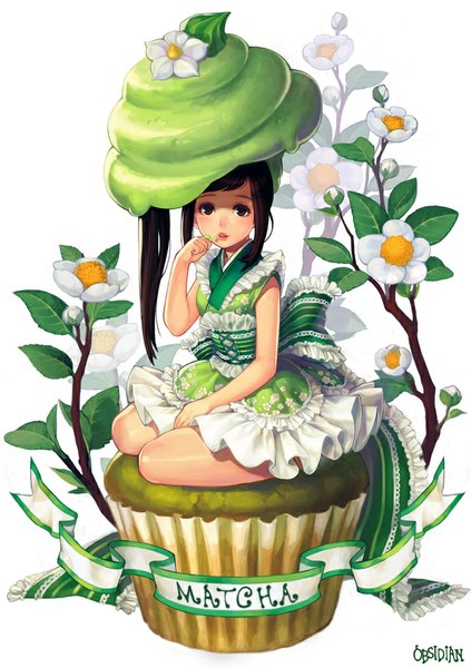 Anime picture 694x985 with original obsidian single long hair tall image looking at viewer simple background brown hair white background sitting brown eyes traditional clothes side ponytail frilly skirt licking food on face korean clothes girl dress flower (flowers)