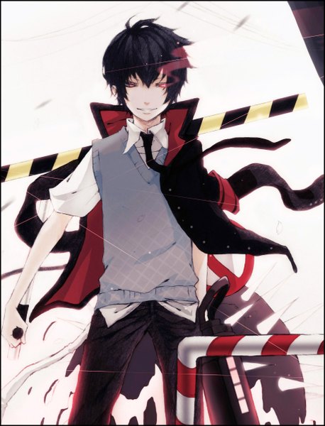 Anime picture 1840x2412 with katekyou hitman reborn hibari kyouya torinmo single tall image looking at viewer highres short hair black hair smile red eyes standing holding ahoge wind off shoulder glowing border glowing eye (eyes) clothes on shoulders