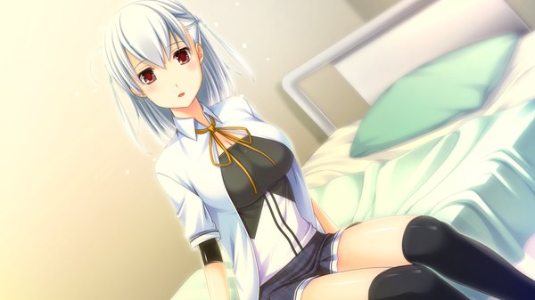 Anime picture 2048x1152 with sougeki no jaeger single looking at viewer highres short hair hair between eyes red eyes wide image game cg white hair girl thighhighs skirt black thighhighs miniskirt bed