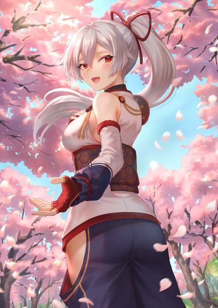 Anime picture 1302x1842 with fate (series) fate/grand order tomoe gozen (fate) mashuu (neko no oyashiro) single long hair tall image looking at viewer blush fringe open mouth light erotic smile hair between eyes red eyes standing sky silver hair outdoors ass