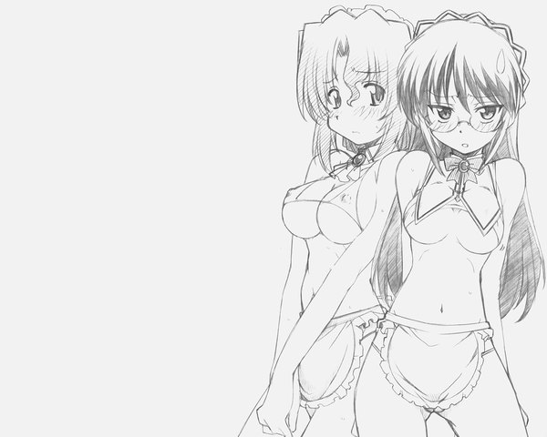 Anime picture 1600x1280 with hayate no gotoku! maria (hayate no gotoku!) kijima saki long hair looking at viewer blush short hair breasts open mouth light erotic multiple girls maid erect nipples monochrome covered nipples nearly naked apron lineart girl navel 2 girls