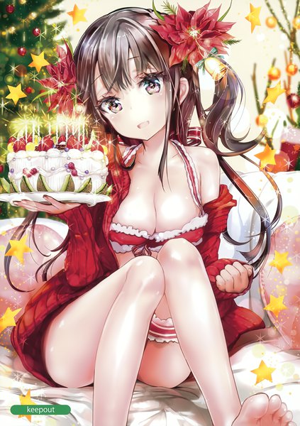 Anime picture 2466x3500 with original melonbooks keepout single long hair tall image looking at viewer highres breasts open mouth light erotic black hair large breasts sitting twintails :d scan off shoulder grey eyes christmas