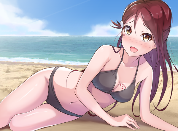 Anime picture 1200x880 with love live! sunshine!! sunrise (studio) love live! sakurauchi riko aranami shibuki single long hair looking at viewer blush breasts open mouth light erotic smile bare shoulders yellow eyes sky cloud (clouds) outdoors red hair lying