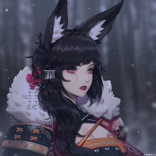 Anime picture 1250x1250 with original paul (shiramune) single long hair fringe black hair standing animal ears looking away upper body outdoors parted lips pink eyes hair flower lips blurry realistic depth of field fur trim lipstick