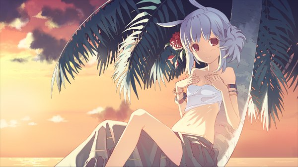 Anime picture 1280x720 with dj max portable suee h2so4 single wide image animal ears midriff bunny ears beach evening flat chest sunset girl flower (flowers) plant (plants) tree (trees) bracelet jewelry palm tree
