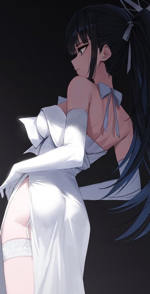 Anime picture 3349x6548 with blue archive saori (blue archive) saori (dress) (blue archive) gnns single long hair tall image highres blue eyes light erotic black hair simple background looking away absurdres ass ponytail profile official alternate costume black background side slit
