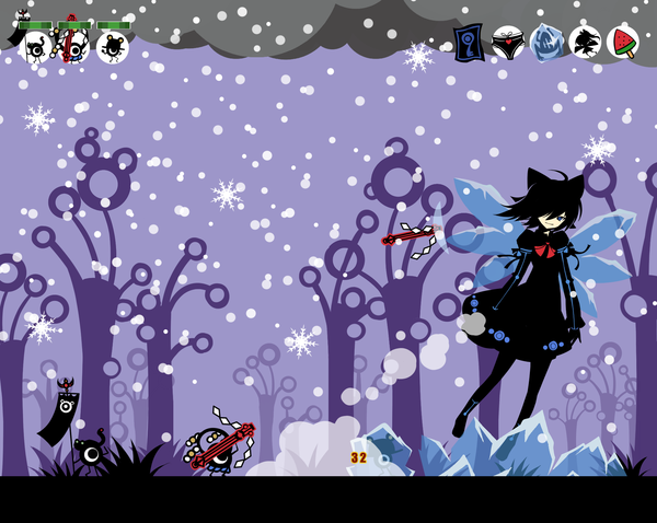 Anime picture 1948x1554 with touhou patapon kochiya sanae cirno moriya suwako yasaka kanako ideolo highres short hair blue eyes black hair snowing flat color girl wings snowflake (snowflakes) ice